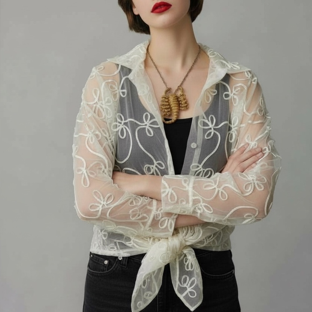 Vtg Y2k Sheer White Blouse Soutache Embroidery Sz M/L Organza 90s EUC